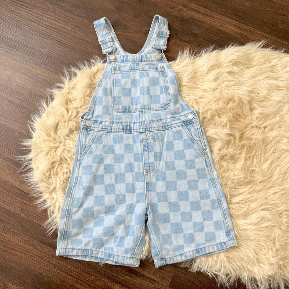 NWT light blue Zara Checkerboard Denim Overall Shorts Size 4 Y